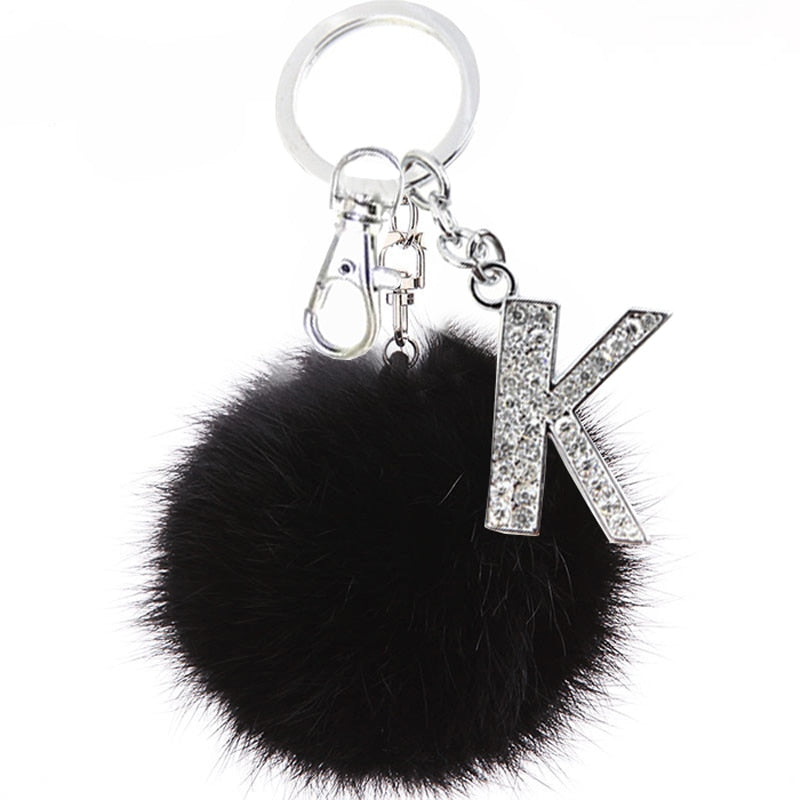 TEH Fluffy Black Pompom Faux Rabbit Fur Ball Keychains Crystal Letters Key