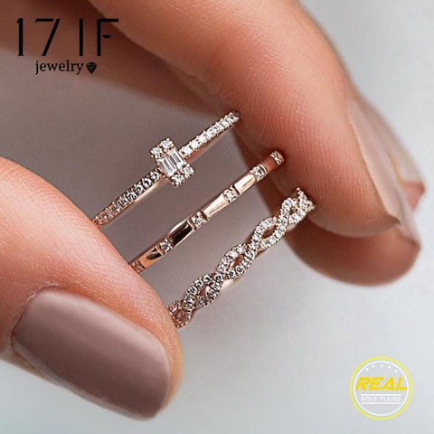 17IF 3Pcs/Set Fashion Geometry Intersect Crystal Rings Set For Women