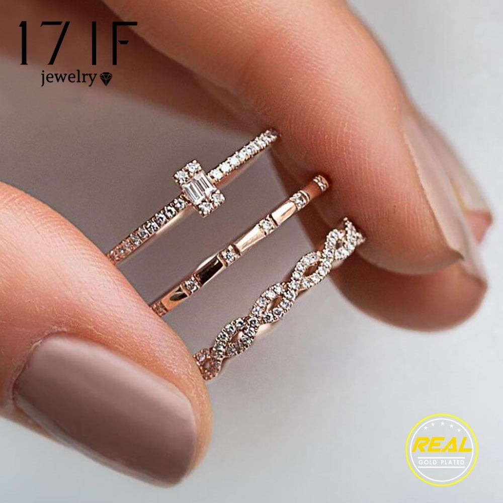 17IF 3Pcs/Set Fashion Geometry Intersect Crystal Rings Set For Women